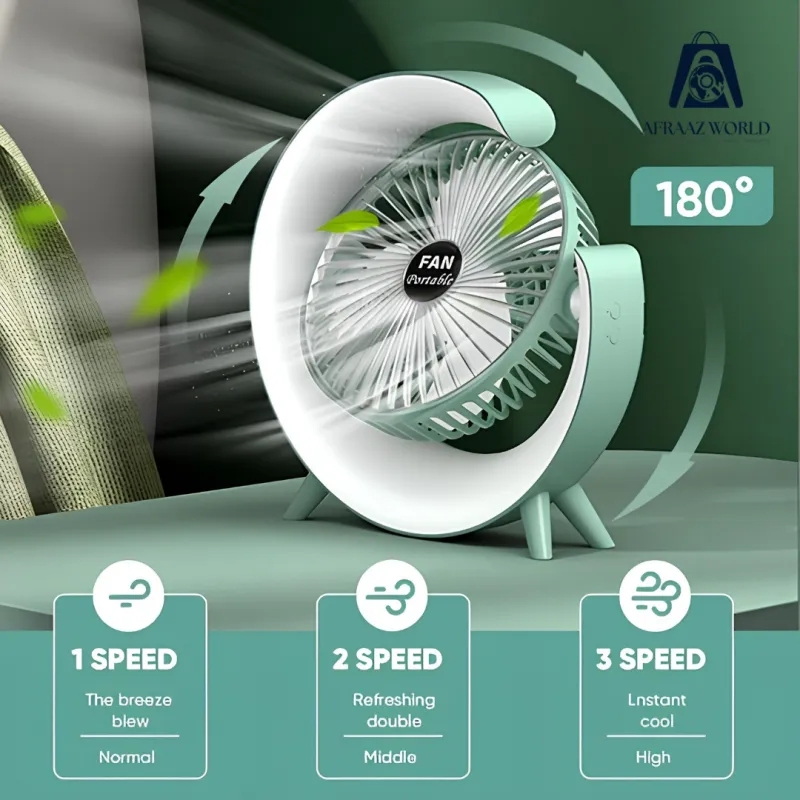 USB Rechargeable Portable Fan with 7-Color LED Light – Compact 180° Adjustable Electric Fan for Camping, Travel & Desktop Use – 3 Wind Speed Modes