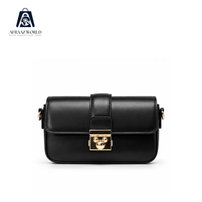 Elegant Black Leather Crossbody Bag with Golden Lock – Afraaz World